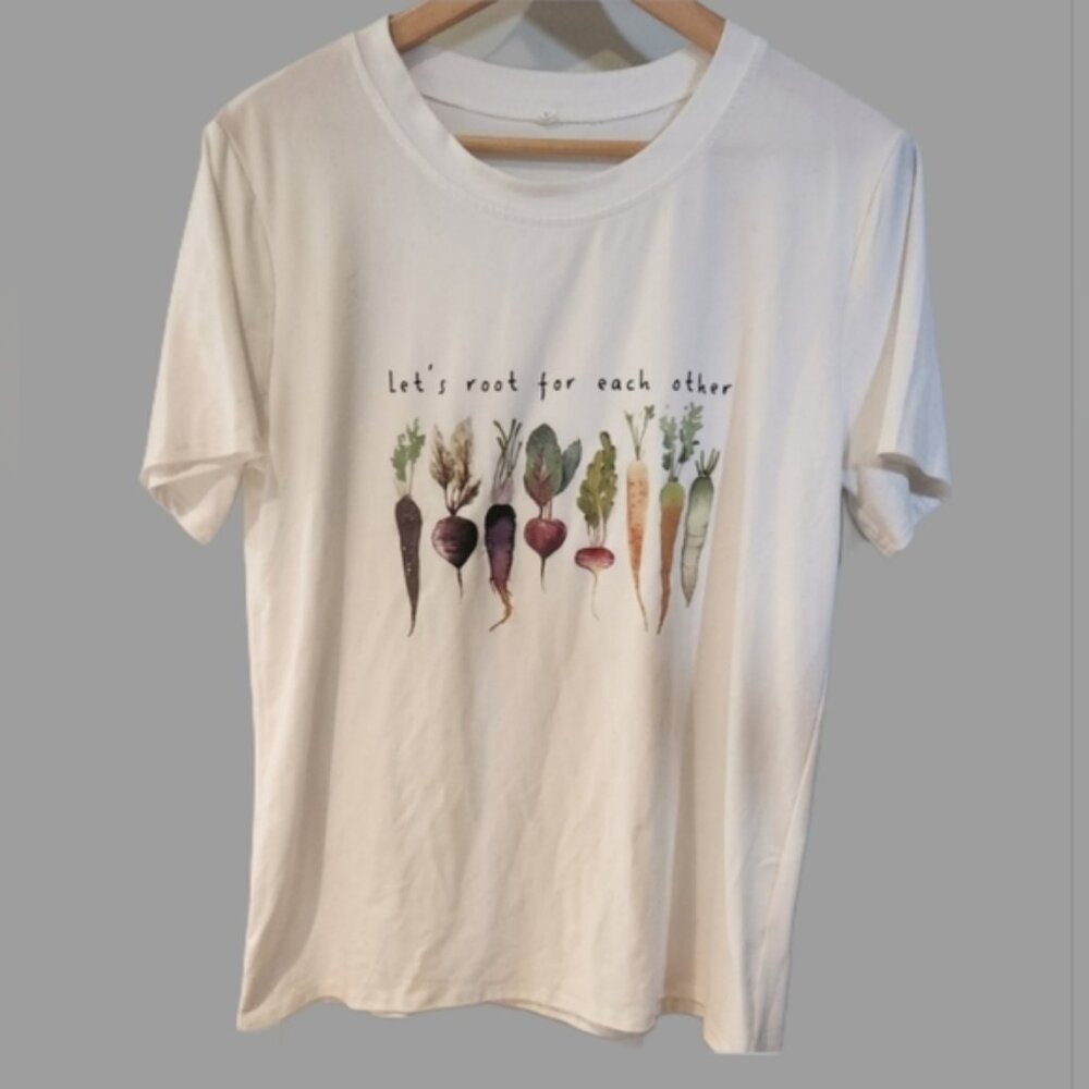 "Lets Root For Each Other" White Graphic‎ Tee with Vegetable Print